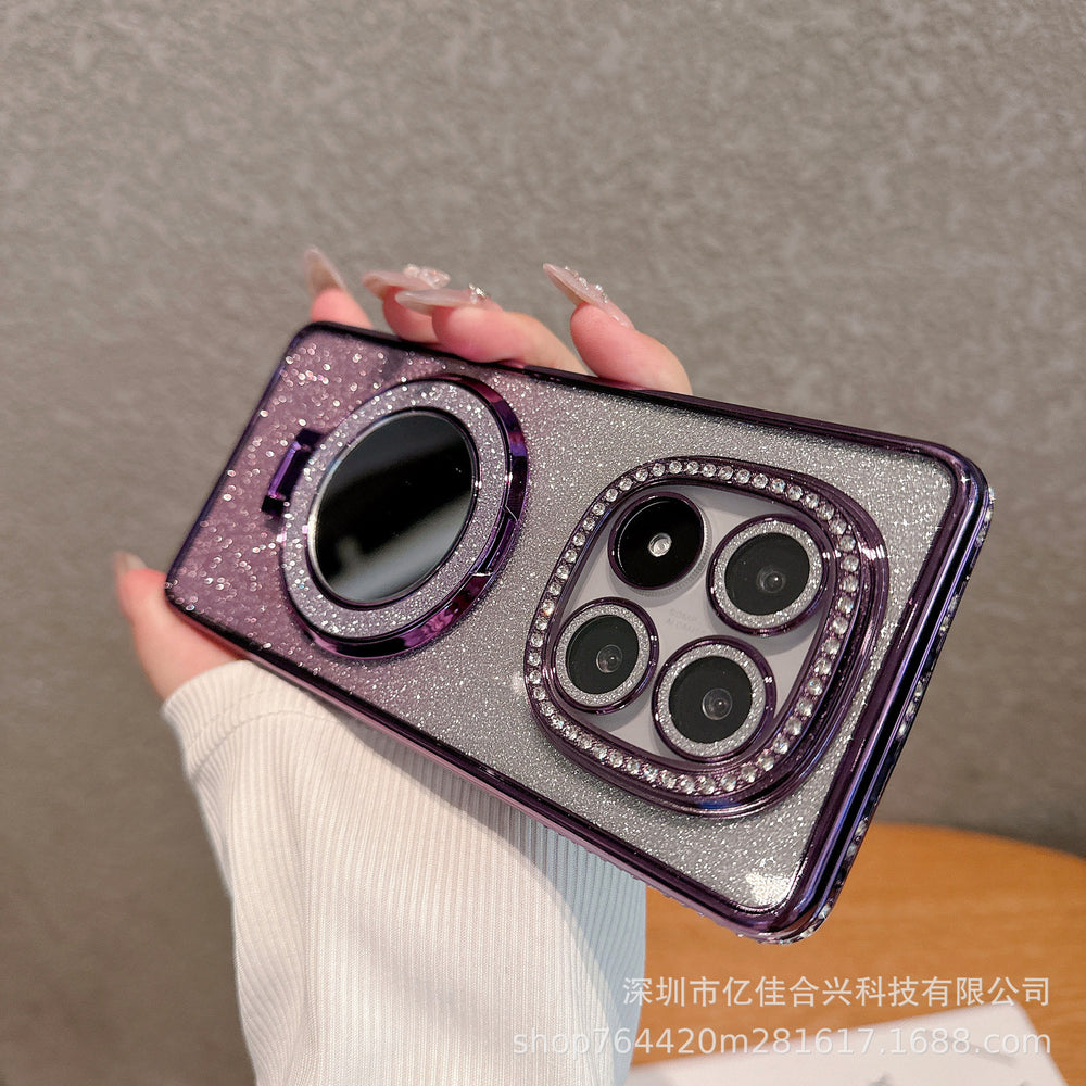 Suitable for redmi note15pro rhinestone electroplating makeup mirror mobile phone case xiaomi 14t all-inclusive glitter magnetic holder