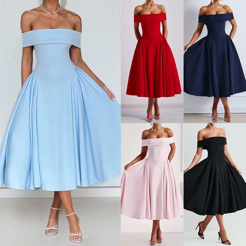 cross-border e-commerce women's fashion: european and american summer new arrivals - elegant and chic strapless one-shoulder evening gown dress