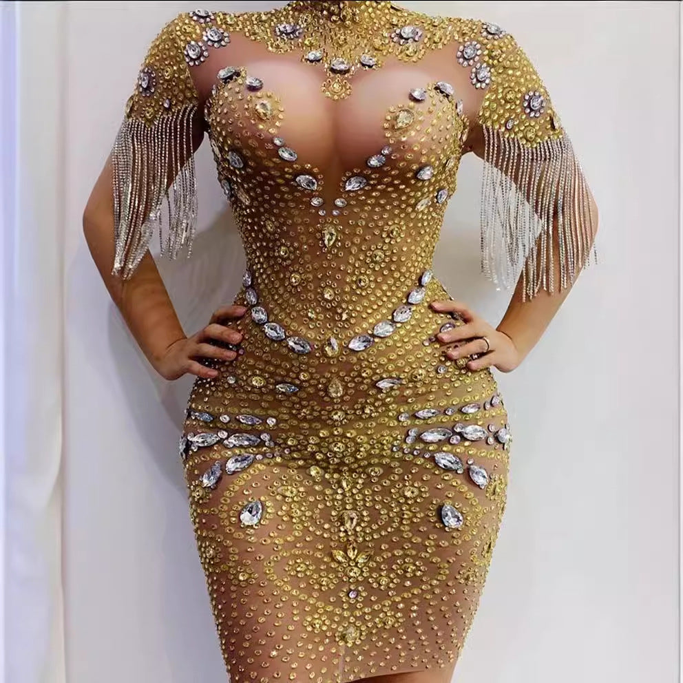 supply elastic mesh hot diamond rhinestone tassel sexy silmcustom performance costume evening dress