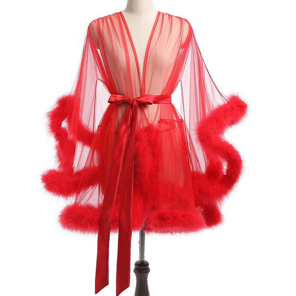 European and american plus size sexy open front see-through mesh lingerie temptation fuzzy pajamas