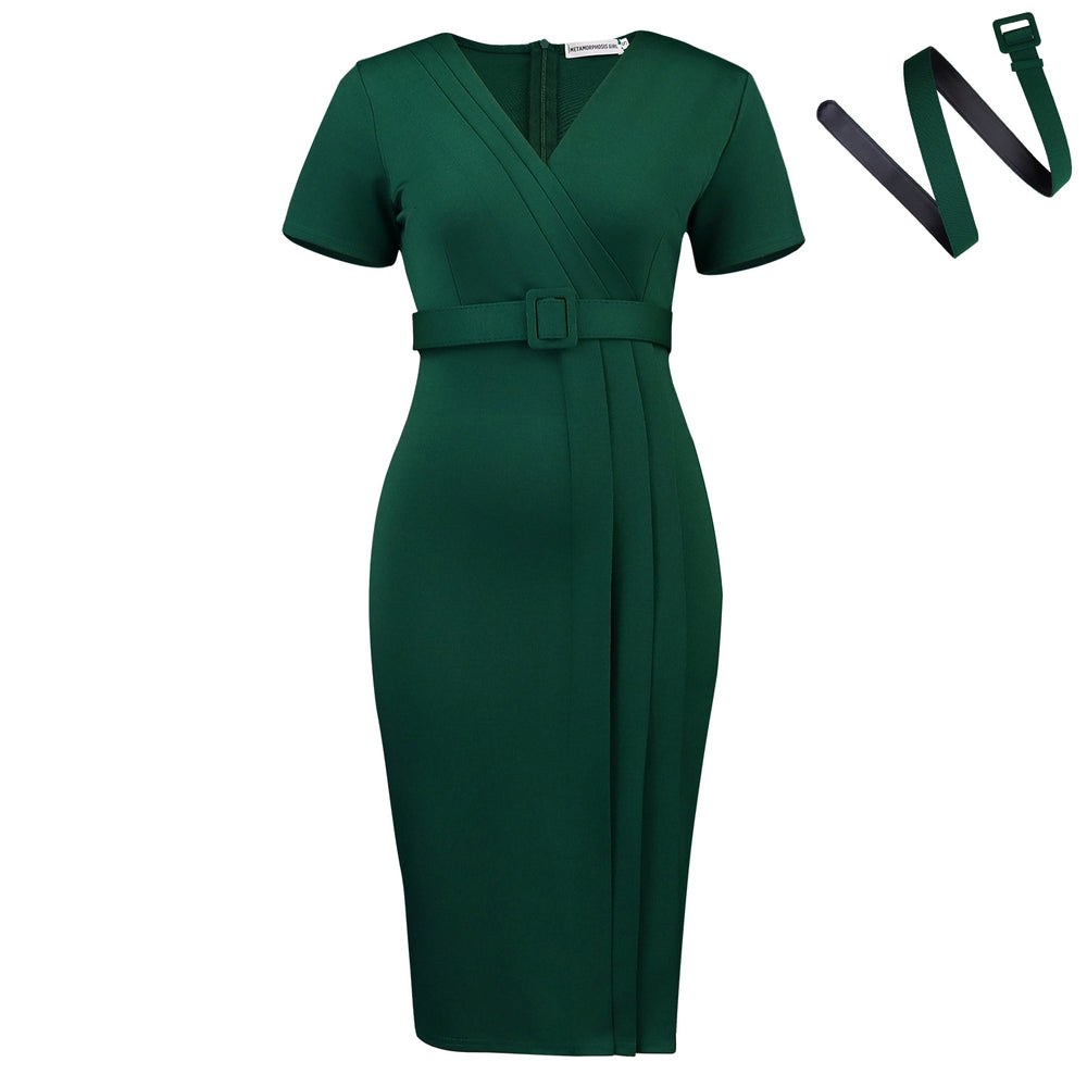 C8658 women's foreign trade cross-border summer short-sleeve v-neck fashionable elegant solid color ol bodycon african dress