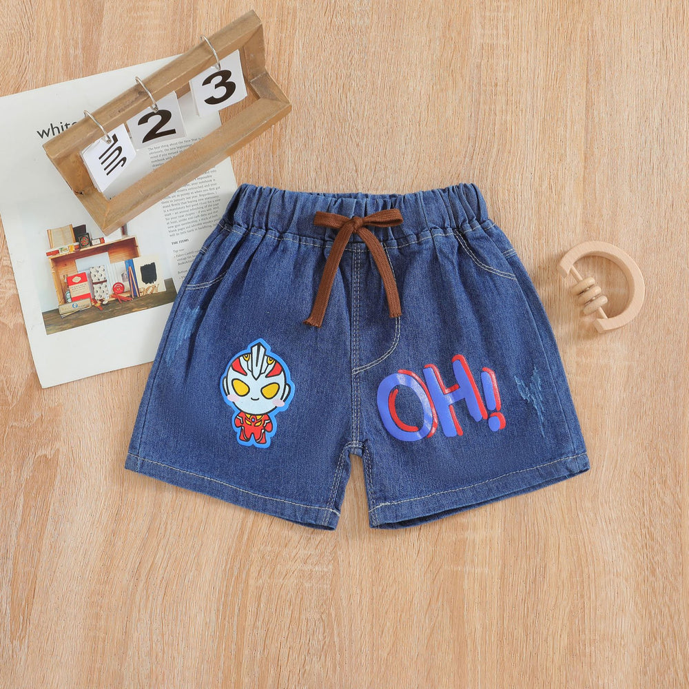 Kids' shorts, boys' denim shorts, casual printed cartoon loose fit thin korean style pants, trendy children's clothing for little boys