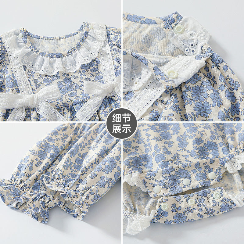Baby crawling suit spring & falllace floral jumpsuit baby girl long sleeves triangular bag butt clothes pure cotton haha clothes for infants and children