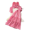 French riviera style pink ruffle flare sleeve v-neck blouse and high-waisted tiered skirt two-piece set - women's spring slimming outfit