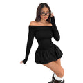 Amazon hot girl mini cake dress long sleeves one shoulder ruffles waist slimming lookdress