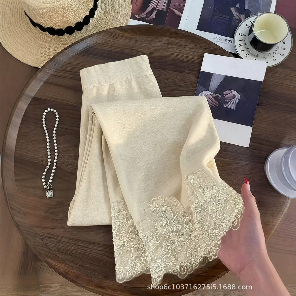 fashionsummernew arrival linen lace wide-leg pants high waistdrapedelegantcasual pants