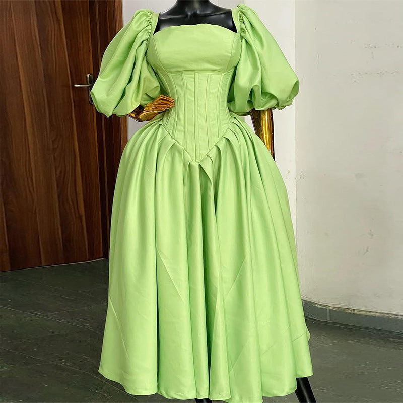 European and american cross-border women's clothing:  summer new arrivals - sweet and fresh square neck backless tie-up lantern sleeve cinched waist dress