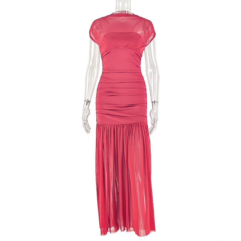European and american style cross-border chic slim-fit women's solid color patchwork bodycon sleeveless high neck pleated workwear maxi dress