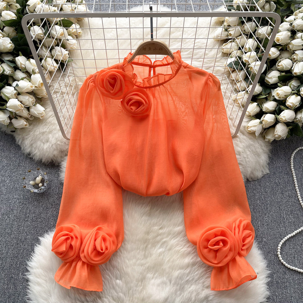 Frenchshirt women's sense of designniche style stereo flower puff sleeves age reduction easiest for matchpure color chiffon shirt women's long sleevestops