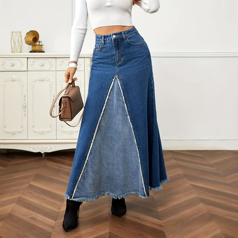 European and american patchwork midi skirt  new arrival - hot selling export raw hem denim skirt - washed slit denim midi skirt