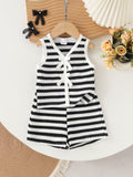 Girls' striped knit two-piece set: v-neck sleeveless tank top and loose-fit shorts - summer casual outfit