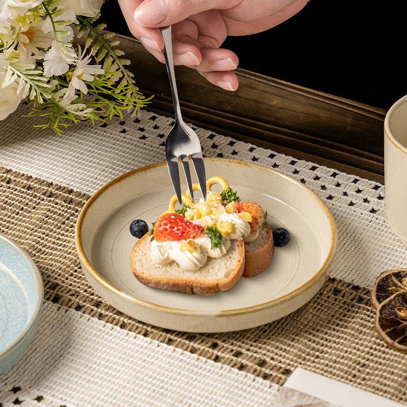 Retro kiln round disc with edge afternoon tea cake plate coffee cup and saucer restaurant bone plate snack plate for home fruit plate