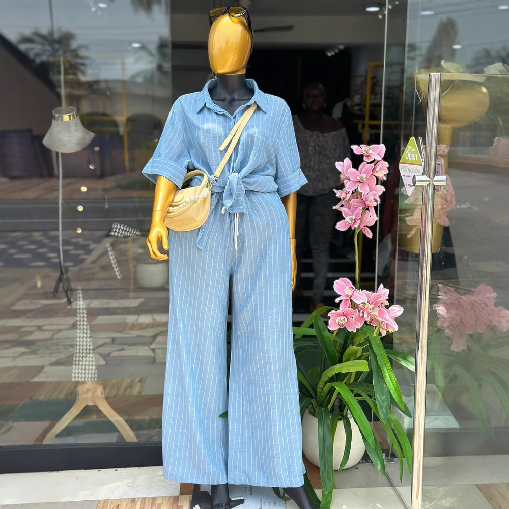 European and american cross-border women's fashion:  summer new arrivals - stylish casual striped loose-fit short sleeve shirt and wide-leg pants set
