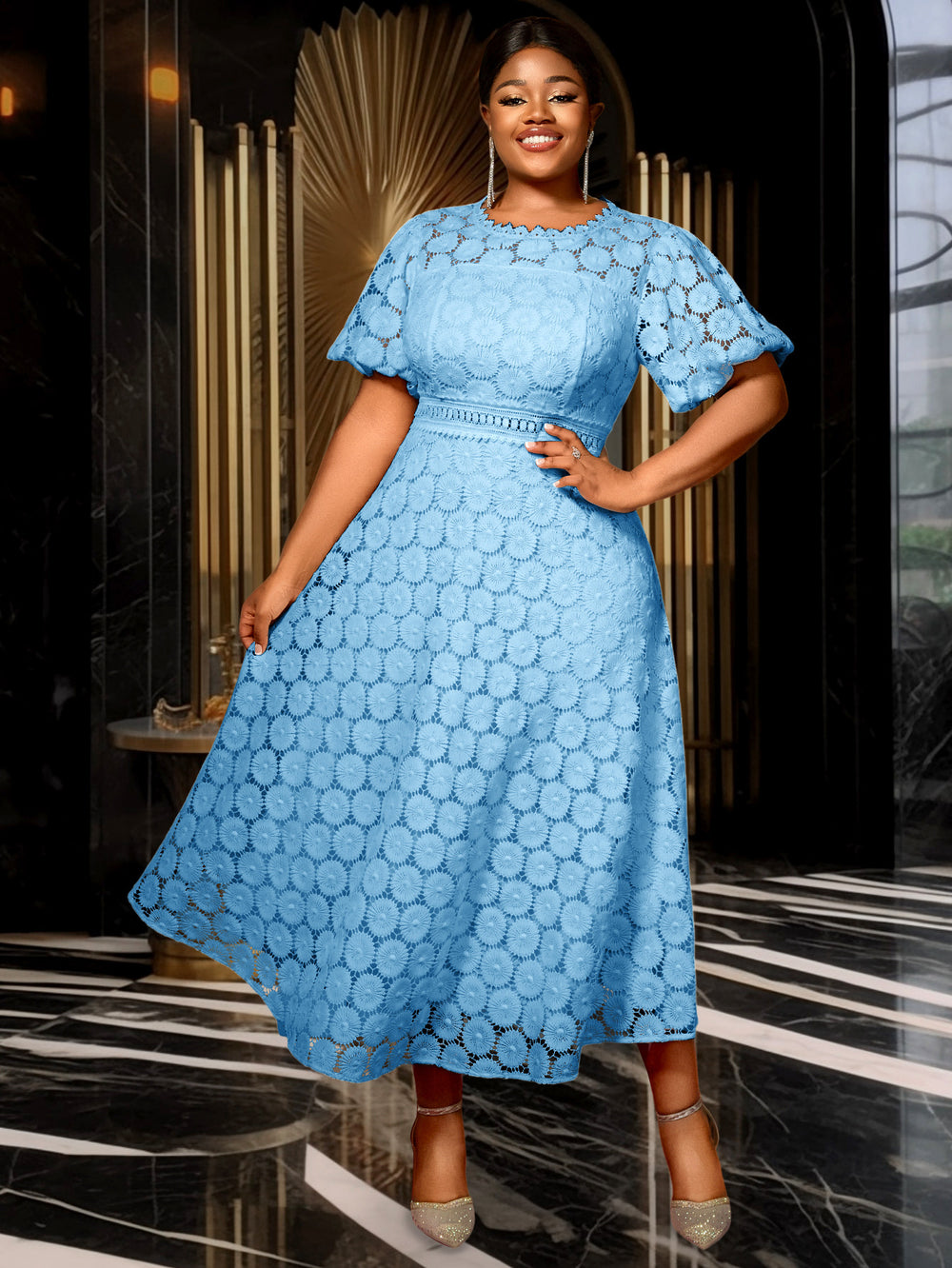african plus size round neck lace puff sleeve dress high waist silma swing banquet evening dress dress