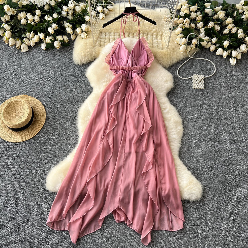 Sweet and spicy girl's vacation dress - beach cover-up, sexy v-neck halter, high-waisted ruffle hem, open back maxi dress