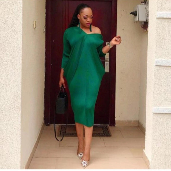 supply, fully pleated, long-sleeved, v-neck, midi-length, elegant and sophisticated solid color dress. hot-selling in europe and america, special offer for africa