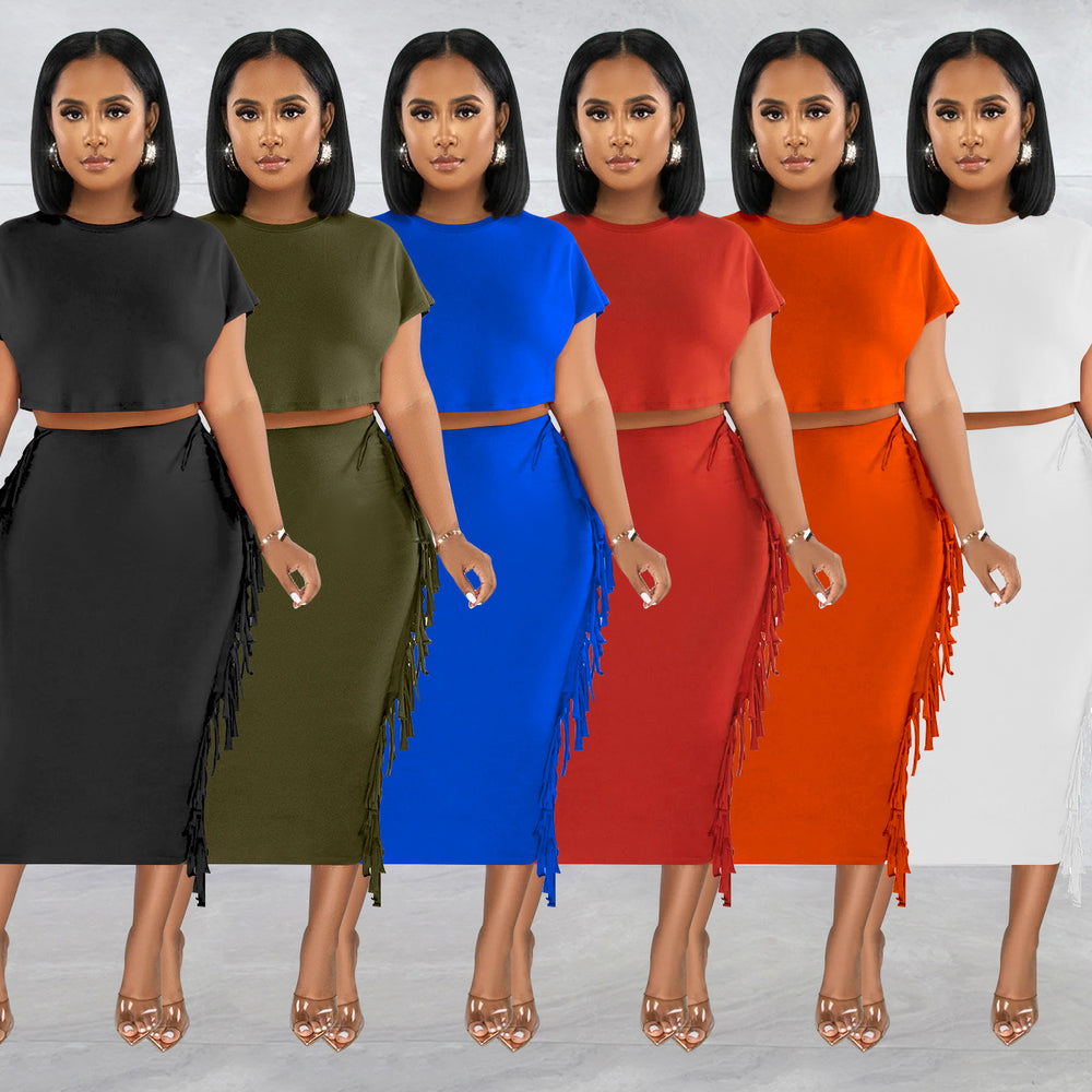 X6331 cross-border   fashion women's solid color tassel crew neck short sleeve maxi dress two-piece set