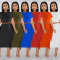 X6331 cross-border   fashion women's solid color tassel crew neck short sleeve maxi dress two-piece set
