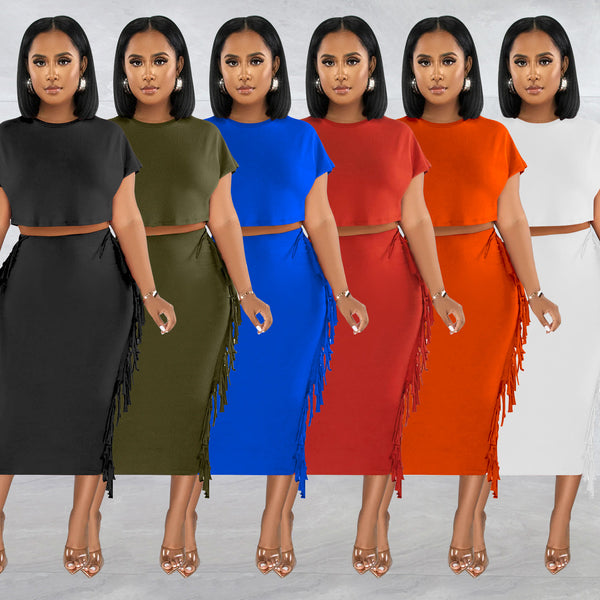 X6331 Cross-border   European and American fashion women's clothing solid color fringed round neck short-sleeved long skirt two-piece set
