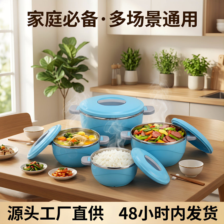 Food warmer four-piece set: insulated lunch box with plastic shell, stainless steel interior, and food warmer bucket