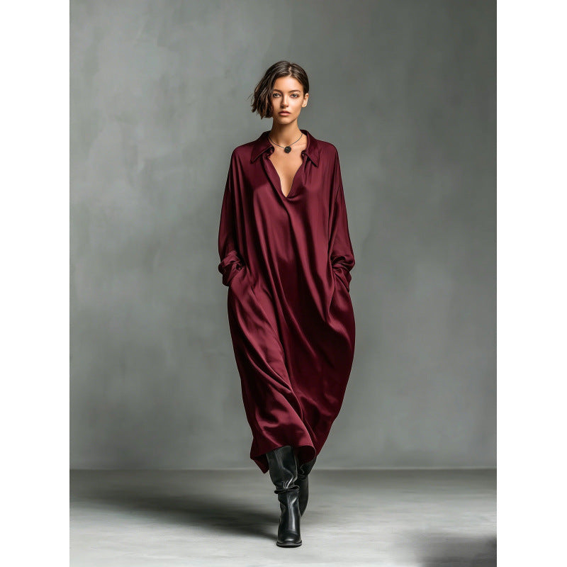 European and american cross-border new solid color satin long sleeve shirt dress
