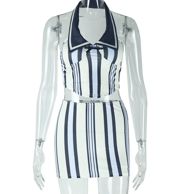 European and american style  autumn new arrival cross-border trendy digital print sleeveless halter neck striped color block bodycon skirt set