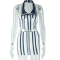 European and american style  autumn new arrival cross-border trendy digital print sleeveless halter neck striped color block bodycon skirt set
