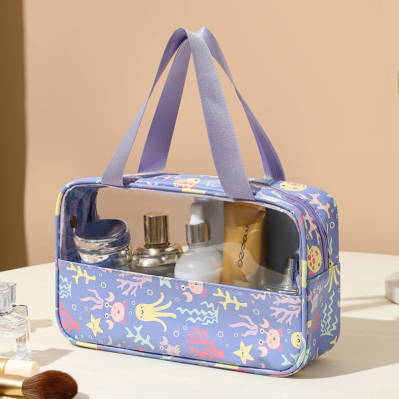 Splicing transparent cosmetic bag PVC bath toilet bag PU waterproof handbag large capacity travel portable storage bag