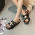 Retro color slippers for women new arrival double leather belt buckle flip-flops spring and summer outwear stepping on shit feeling half slippers beach sandals