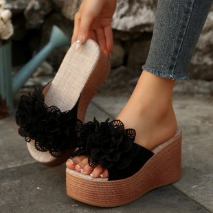 summernew arrivalexport wedge thick bottom slippers women's large size one-shaped flower waterproof platform sandals wholesale