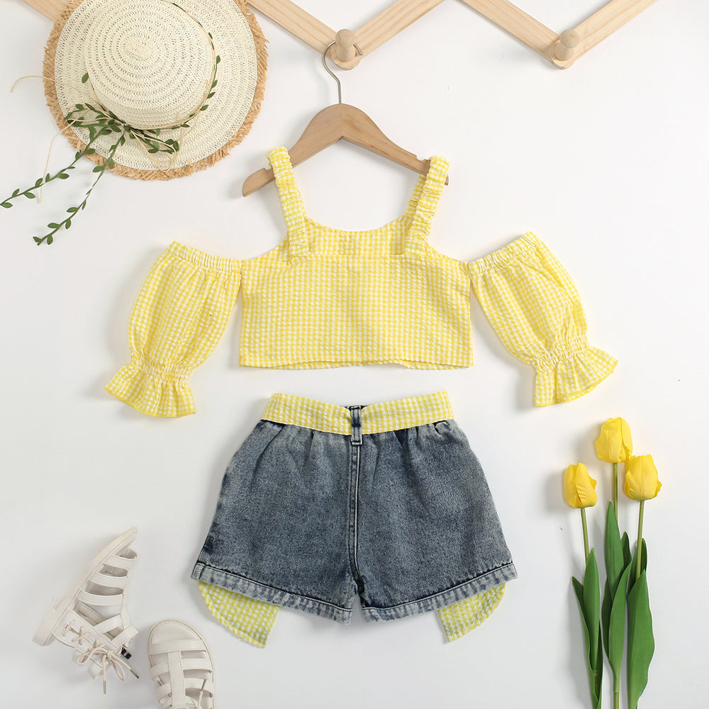 summer new arrival: trendy ins-style cross-border e-commerce export two-piece set for girls - off-shoulder cami with puff sleeves, sweet and adorable