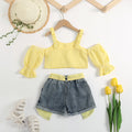 summer new arrival: trendy ins-style cross-border e-commerce export two-piece set for girls - off-shoulder cami with puff sleeves, sweet and adorable