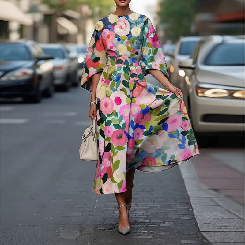 summer new arrivals: european and american style women's fashion - elegant printed midi dress with three-quarter sleeves
