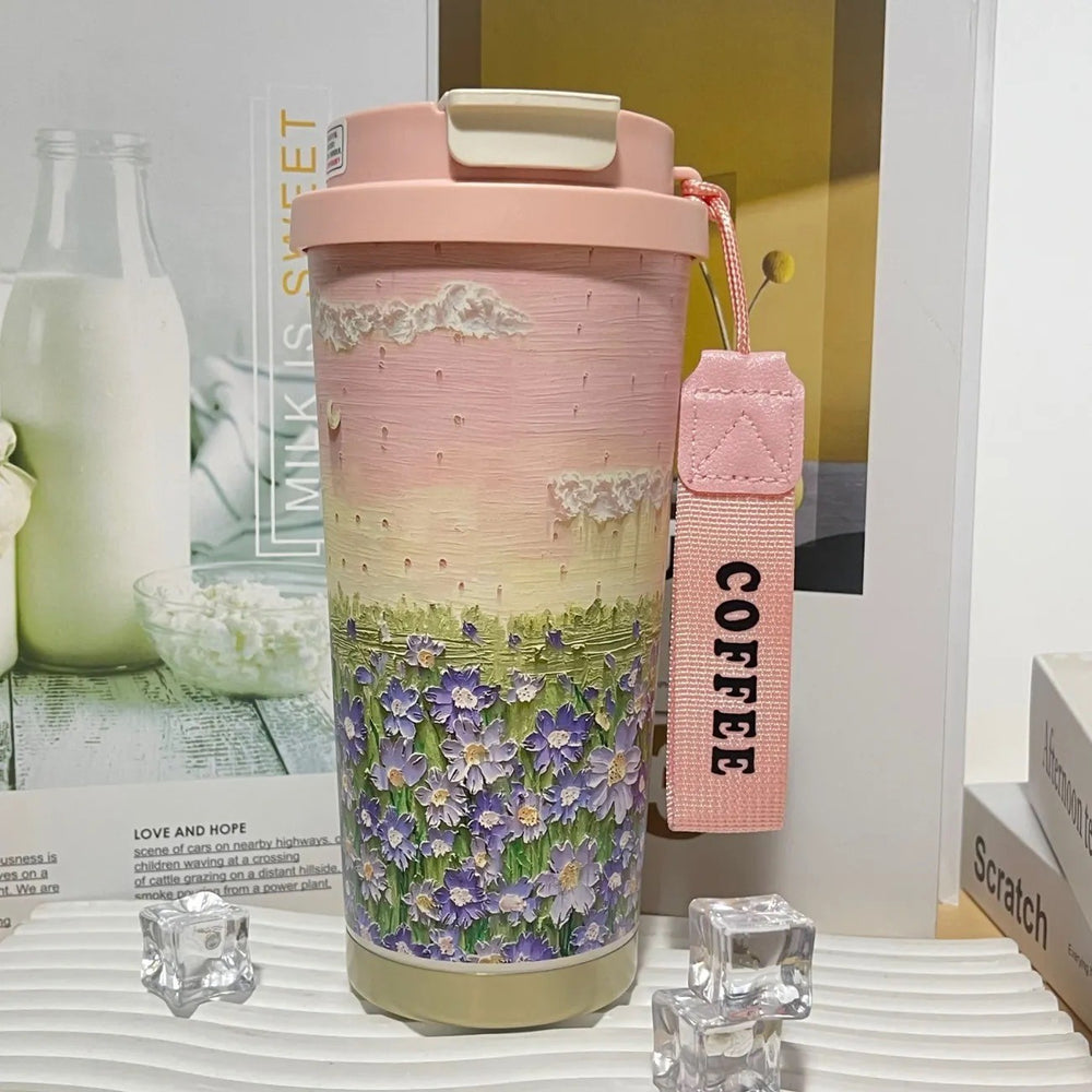 New arrival high-looking lily of the valley coffee cup stainless steel liner thermos cup double drink portable straw water cup goddess cup
