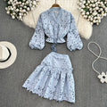 Retroelegantv neckcut outembroidered lantern sleeveshortshirt women's two-piece set high waistslimming looka-line skirt