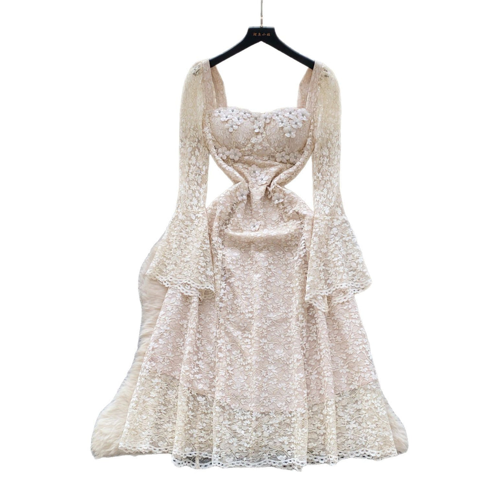 French chic, high-end, heavily embellished, 3d floral, square neck, flared sleeve, cinched waist, cutout lace dress - spring  collection