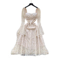 French chic, high-end, heavily embellished, 3d floral, square neck, flared sleeve, cinched waist, cutout lace dress - spring  collection