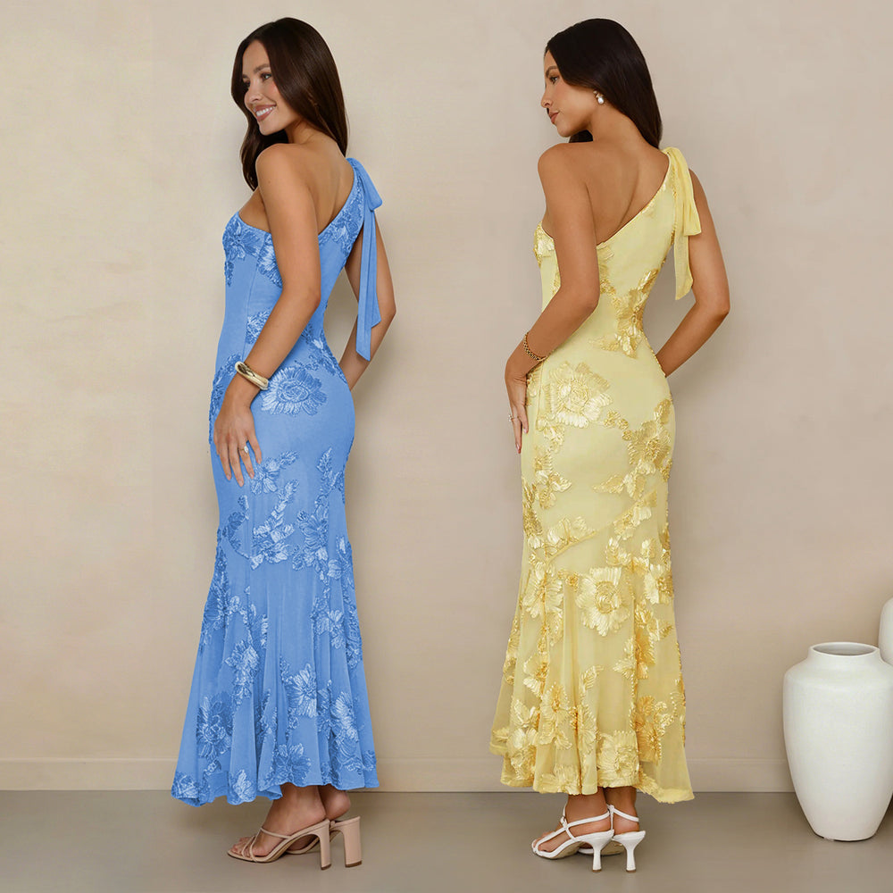 C7747 cross-border   fashion women's summer elegant jacquard one-shoulder banquet dress