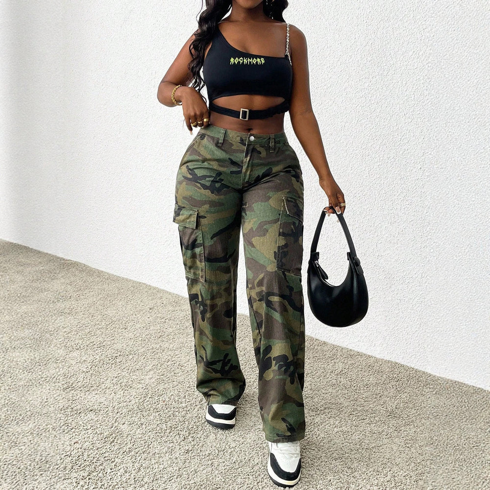 European and american style women's camouflage print multi-pocket cargo high-waisted wide leg casual denim pants