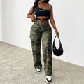 European and american style women's camouflage print multi-pocket cargo high-waisted wide leg casual denim pants