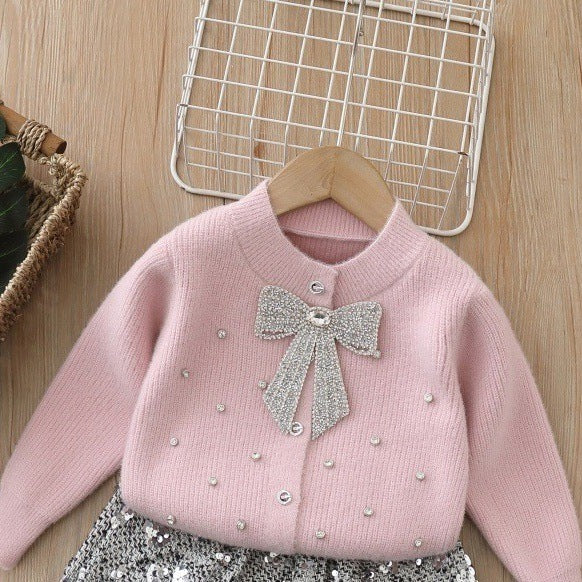 Girlsweater small fragrant style hot diamond bowsknittingcardigangirlnew arrival soft and waxy fall and wintereasiest for matchknittingsuit