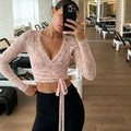 European and american cross-border women's fashion:  summer new arrivals - stylish solid color sexy v-neck tie-up long sleeve cropped t-shirt top