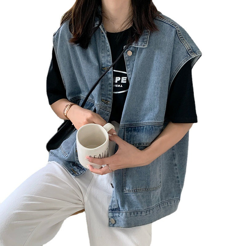 Denim vest for women springk-style student outwearlooseslimming lookfashionbai casual sleeveless vest