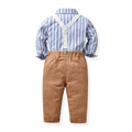 Boys' suit set: autumn long-sleeve striped shirt, overalls, bow tie - gentleman's outfit for baby's first birthday