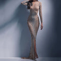 spring new arrivals: european and american fashion rhinestone embellished women's mesh evening gown, long sleeve slit maxi dress