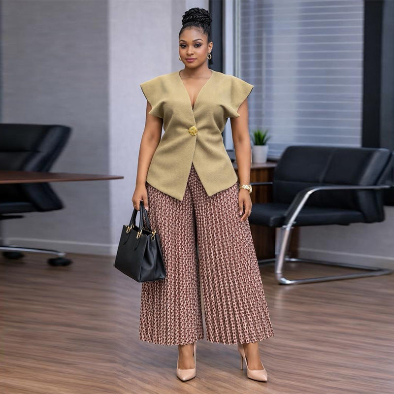 European and american cross-border women's fashion:  summer new arrival - elegant solid color asymmetrical vest top and pleated wide-leg pants set