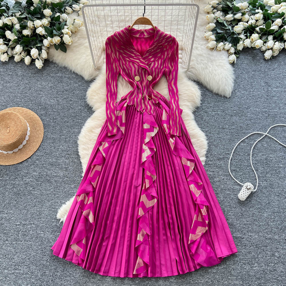 Miya european and american high-end western style suit collar long sleeves double-breasted waist patchworkruffles pleated longdress