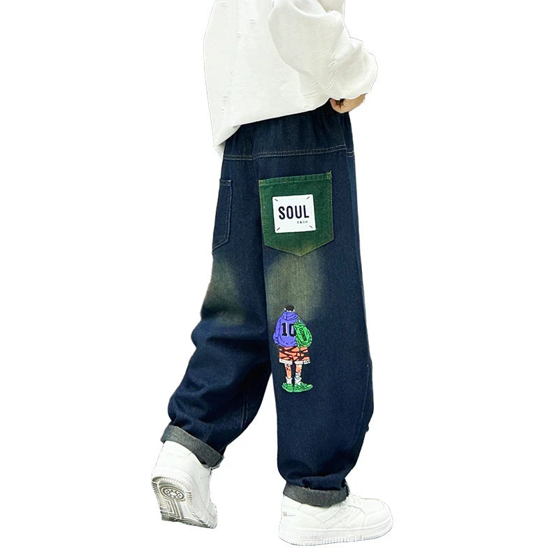 Kids' spring/autumn pants:  new boys' straight-leg jeans, autumn mid-to-large children's boys' trendy long pants