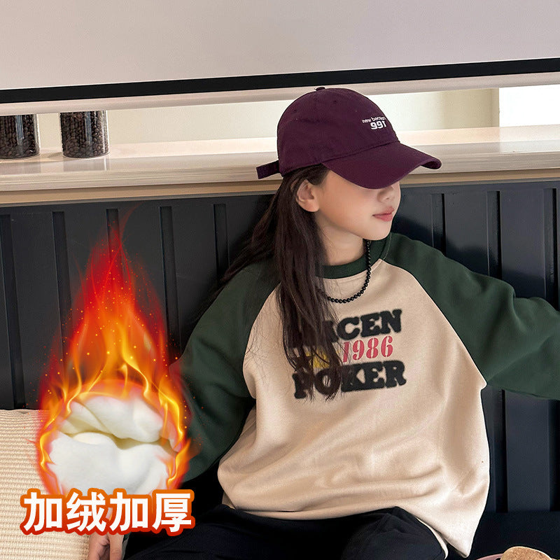 Girls' sweatshirt - new autumn  collection - casual, loose-fit crewneck top with color block raglan sleeves and print - suitable for mid-to-large children - perfect for spring and autumn