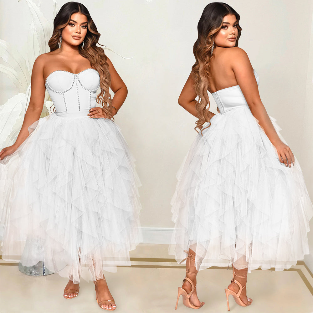 X5709 new arrival:  &  fashionable solid color hotfix rhinestone bandeau fluffy mesh dress - women's apparel